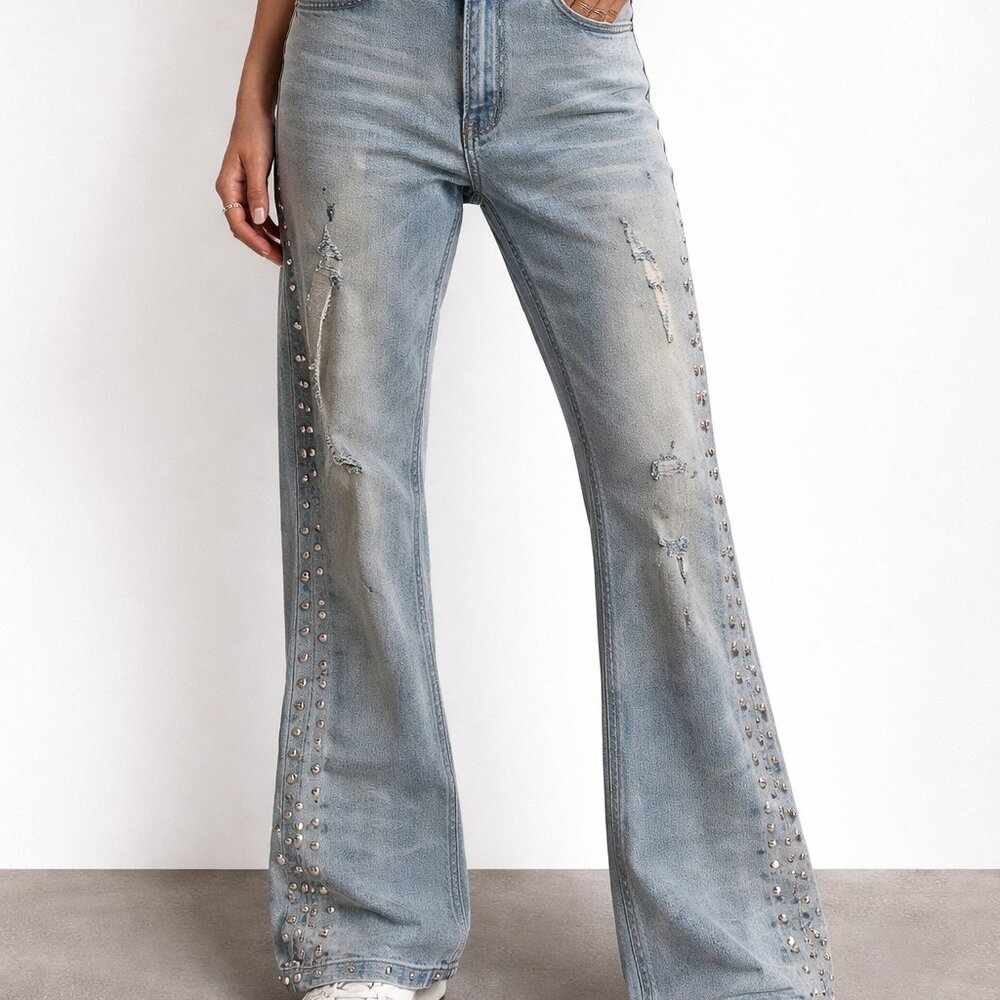 Rockstar Original Light Wash Studded Raw Hem Wide Leg Jeans Distressed Festival